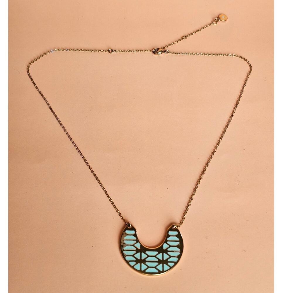 Stella & Dot Reversible Breezeblock 70s Style Crescent Necklace Teal White Gold